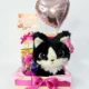 ancheta con peluche de gata de dulces y globos