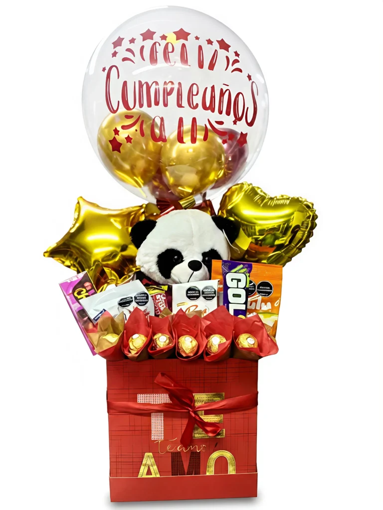 Ancheta con peluche, globos, dulces, caja y decoración